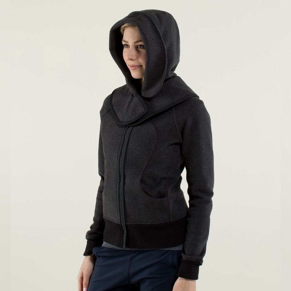 Lululemon RARE Scuba Hoodie Jacket  Detachable Hood Fleece Heathered Black Sz 4